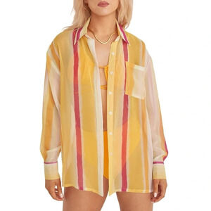 Riley Hubatka x Peppermayo Sheer Button Down Shirt Women 6 Small Oversized Beach